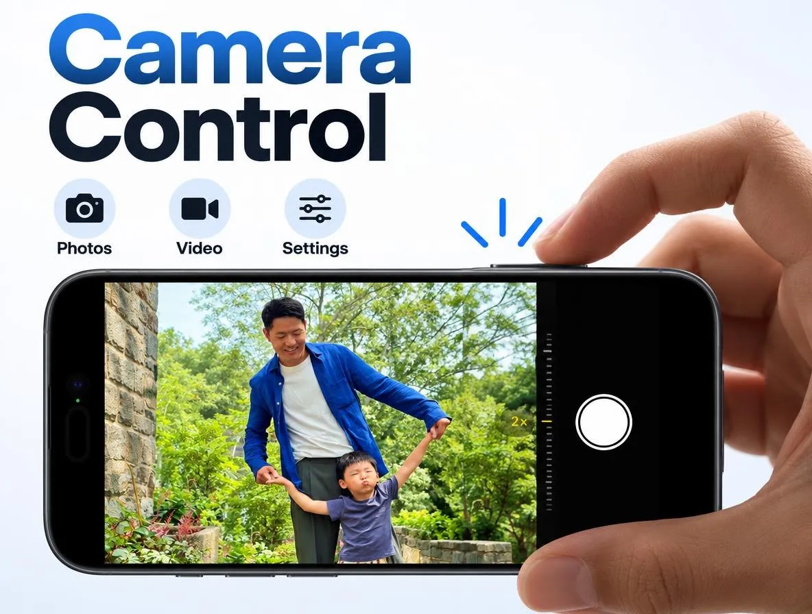 Highlight image of a hand pressing Camera Control on iPhone 17 while taking a photo